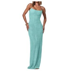 NWT OYOANGLE Sequin Mesh Fishtail Maxi Dress Blue Spaghetti Strap Large